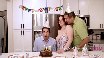 Stepson surprises his MILF mom with a birthday fuck in front of her husband